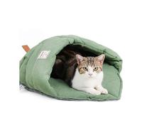 MIMIGO Cat Sleeping Bag , Linen Fabric Cat Bed Cave Leaf Nest Pet Cuddle Zone Covered Hide Hood Burrowing Cozy Soft Durable Washable with Non-Slip Bot