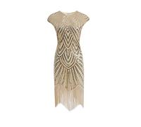 MIMIKRY Charleston, vestito da donna con paillettes anni '20, color crema/oro, con frange, Flapper