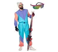 MIMIKRY Costume da sci da uomo anni '80 con occhiali, tuta intera Trash Bad Taste Apres Ski, taglia 50, Turchese/Albicocca/Viola