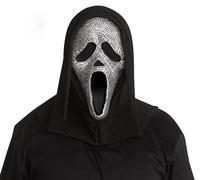 MIMIKRY Maschera originale Ghost Face Scream con strass e cappuccio glitterato Halloween Horror Geist Film, Taglia unica, Nero/Argento