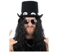 MIMIKRY Set costume da rocker con parrucca Slash, cappello a cilindro con capelli lunghi, occhiali a specchio, rock star anni '80, carnevale, Halloween