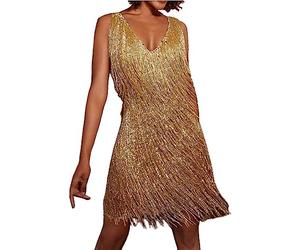 MIMIKRY Tina Turner - Abito da discoteca con frange, stile anni '20 Charleston, ocra/oro, XXL