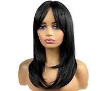 MIMISERVICE Parrucca sintetica lunga nera da donna, con frangia, a strati, lunghezza alle spalle, per feste quotidiane (50,8 cm)