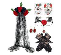 Mimoqk Día de Muertos - Costume da donna con velo e orecchini per giorno dei morti, guanti in pizzo velo, per feste, cosplay, scena, donne adulte