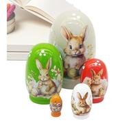 Mimoqk Easter Bunny Dolls, Wooden Spring Decor, Rabbit Nesting Set con colori vivaci, Holiday Figurine Display con finitura a mano dipinta, Seasonal Home Ornament, Nested Bunny Dolls for Table Decor