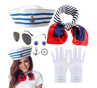 Mimoqk Women di marinaio, accessori per costumi da marinaio | Orecchini di navi marine Cappello Set di guanti per sciarpa - 5x vestire vestiti per la festa del cosplay nautico