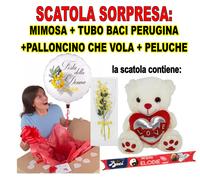 MIMOSA + PALLONCINO CHE VOLA + PELUCHE + BACI PERUGINA FESTA DELLA DONNA REGALO