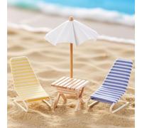 Minamzee 1:12 Set Spiaggia per Case Delle Bambole, Miniature Set Con Sedia in Metallo, Tavolo Pieghevole e Ombrellone in Legno, Accessori Mobili per Esterno, Giardino e Terrazzo (Blu+giallo)