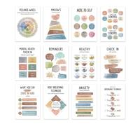Mindfulness Wall Art - Poster in carta laminata thpy, stampe resilienti per il benessere, set di 12 grafiche di regolazione delle emozioni con funzione impermeabile e anti-strappo, ideale per la