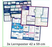 mindmemo Lernposter 3er Set - Französische Zeiten + Wortarten + Pronomen DIN A2 42x59 cm Grammatik lernen Grundwissen Lernhilfe: Französisch lernen für Kinder Schüler Erwachsene Premium Schutzröhre