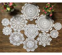 MINDPLUS Set di 11 Centrini all'Uncinetto a Mano Centrini in Pizzo all'Uncinetto in Cotone da Tovaglietta 10-25 cm Rotondi Bianco Vintage Matrimonio Tea Party