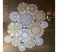 MINDPLUS Set di 14 Centrini all'Uncinetto a Mano Centrini in Pizzo all'Uncinetto in Cotone da Tovaglietta 10-25cm Rotondi Bianco Beige Vintage Matrimonio Tea Party