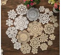 MINDPLUS Set di 24 Centrini all'Uncinetto a Mano Centrini in Pizzo all'Uncinetto in Cotone Mini Tovaglietta 5-18cm Rotond Bianco Beige Vintage Matrimonio Tea Party (Bianco e Beige)