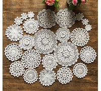 MINDPLUS Set di 24 Centrini all'Uncinetto a Mano Centrini in Pizzo all'Uncinetto in Cotone Mini Tovaglietta 5-18 cm Rotondi Bianco Vintage Matrimonio Tea Party (24 pezzi Bianco)