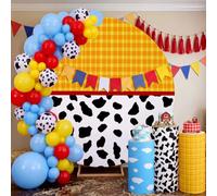 Mindsoft Set di 4 coperture per fondali cilindrici a tema storia per feste, coperture cilindriche per piedistallo, 2,2 m, motivo mucca, copertura rotonda per feste, decorazione da tavolo