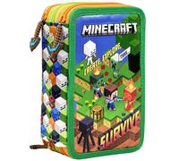 Minecraft Astuccio 3 scomparti riempito Bambini 45 pezzi Scuola, 3 Zip, Colla
