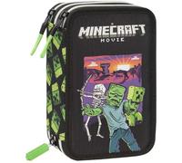 MINECRAFT Astuccio Scuola 3 Zip con Corredo, 20 x 13 x 7 cm, Set Completo 48 Pezzi, Nero/Verde