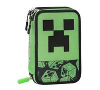 MINECRAFT - Astuccio Scuola Ufficiale Minecraft, Astuccio 3 Scomparti Bambini e Ragazzi con Set Cancelleria Incluso, 5 Etichette Adesive Portanome e Pratica Chiusura a Zip, 13x20Hx7 cm