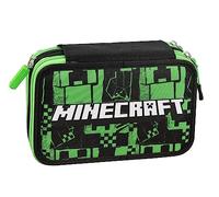 MINECRAFT - Astuccio Scuola Ufficiale Minecraft, Astuccio 3 Scomparti Bambino e Bambina con Set Cancelleria, Penna Cancellabile Blu Frixion e Pratica Chiusura a Zip, 20x13Hx7 cm, Verde e Nero