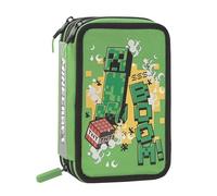 MINECRAFT - Astuccio Scuola Ufficiale Minecraft, Astuccio 3 Scomparti Bambino e Bambina con Set Cancelleria, Penne Cancellabili Frixion, e Pratica Chiusura a Zip, 20x13Hx7 cm, Verde e Nero