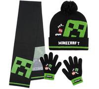 Minecraft Berretto Invernale Bambino Set con Cappello e Guanti o Cappellino, Guanti con Sciarpa, Creeper Regalo Ragazzo (6-14 Anni, Nero Minecraft)