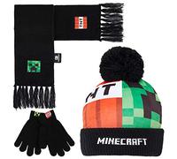 Minecraft Berretto Invernale Bambino Set con Cappello e Guanti o Cappellino, Guanti con Sciarpa, Creeper Regalo Ragazzo (6-14 Anni, Verde/Rosso Minecraft, 3 Pezzi)