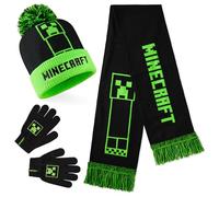 MINECRAFT Berretto Invernale Bambino Set con Cappello e Guanti o Cappellino, Guanti con Sciarpa, Creeper Regalo Ragazzo (6-14 Anni, Verde/Nero, 3 Pezzi)