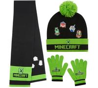 Minecraft Berretto Invernale Bambino Set con Cappello e Guanti o Cappellino, Guanti con Sciarpa, Creeper Regalo Ragazzo (6-14 Anni, Verde/Nero Minecraft)