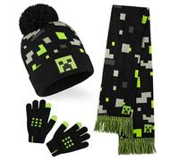 Minecraft Berretto Invernale Bambino Set con Cappello e Guanti o Cappellino, Guanti con Sciarpa, Creeper Regalo Ragazzo (6-14 Anni, Nero/Verde Minecraft, 3 Pezzi)
