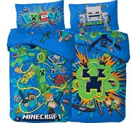 Minecraft, biancheria da letto Slurp, 135 x 200 cm + 80 x 80 cm, 100% cotone renforcé/linon, motivo Creeper Steve Alex per bambini, ragazzi e ragazze, articolo per fan YKK, chiusura lampo