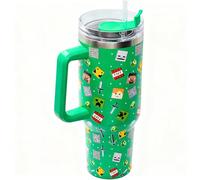 Minecraft - Bicchiere termico in acciaio INOX con cannuccia e manico, per acqua, tè freddo, caffè o frullati, 1200 ml