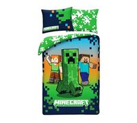 Minecraft Copripiumino Singolo 140x200 + Federa 70x90 Creeper Steve Alex | Set lenzuola reversibile | Microfibra asciugatura rapida Oeko-Tex | Zombie Panda Fox | Licenza ufficiale | Regalo