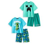 Minecraft Creeper Boys Confezione Multipla da 2 Pigiami a Maniche Corte | Pigiama Cartone Animato Blu e Verde | Indumenti da Notte a Gamba Corta | Abbigliamento da Giocatore per Bambini