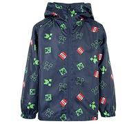 Minecraft Giacca impermeabile per ragazzi dai 5 ai 12 anni con fodera e cappuccio leggera e lavabile in lavatrice, blu navy, 9-10 Anni