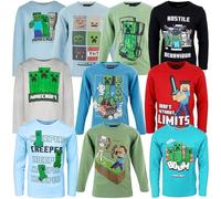 MINECRAFT Maglietta Maniche Lunghe Bambino - T-Shirt 100% Cotone | Modelli Singoli a Scelta | Stampe Creeper & Personaggi - 6/12 Anni | Idea Regalo Gamer [60280 Blu - 10 Anni]