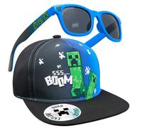 MINECRAFT Occhiali Sole Cappello Bambino Set Creeper Berretto Baseball Regolabile con Visiera e 100% UV Occhiali da Sole (6-14 Anni, Nero/Blu)