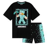 MINECRAFT Pigiama Corto Bambino, Comodo Estivo Cotone Pigiami Ragazzo - 2 Pezzi (Nero/Blu, 5-6 Anni)