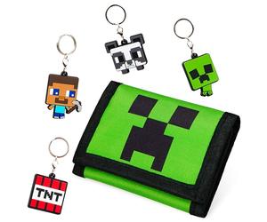 MINECRAFT Portafoglio Ragazzo - Portafoglio Bambino con Set Portachiavi per Bambini Creeper Portamonete con Zip Gadget Ufficiale Unisex Regali per Gamer