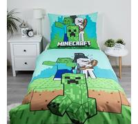 Minecraft - Set copripiumino singolo 140 x 200 cm con federa grande 70 x 90 cm, design epico "Mobs here", copripiumino reversibile verde su 2 lati, prodotto ufficiale Minecraft