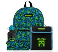 Minecraft Set da scuola per bambini, 4 pezzi, con borsa per il pranzo, bottiglia d'acqua e astuccio, Verde, Moderna
