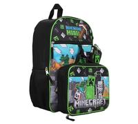 Minecraft Set di 5 zaini per la scuola, zaino con borsa per il pranzo, astuccio, portachiavi e moschettone, design avventure alla moda per ragazzi