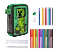 MINECRAFT Set di Cancelleria per Ragazzi con Astuccio, Include Matita, Penna, Gomma, Righello, Temperamatite, Matite Colorate e Pennarelli, Regalo per Bambini