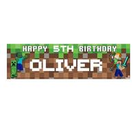 Minecraft Striscione di compleanno personalizzato per ragazzi - Decorazione per feste con nome ed età, grande, 140 cm x 40 cm, sfondo per feste a tema Minecraft per bambini