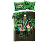 Minecraft Survival Mode Copripiumino Singolo 140x200 + Federa Microfibra | Set letto reversibile singolo | Notte di tensione contro i Creeper | Microfibra morbida Oeko-Tex | Gamer