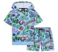 MINECRAFT Tuta Bambino Ragazzo 2 Pz Set Tute Creeper Felpa con Cappuccio Pantaloncini Estivi Felpa Bambino Maniche Corte Regalo Ragazzo (9-10 Anni, Blu)