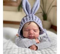 MineeQu Bambole Reborn - Bambino Ricomposto 19 Pollici, Vinile Totale, Addormentato, Capelli Radicati a Mano, Outfit Grigio con Cappuccio e Coniglio a Maglia