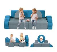 MINENICE Divano da gioco per bambini, divano letto in blocchi di schiuma morbidi, modulo multifunzionale da 10 pezzi, divano modulare per bambini, costruzione creativa per bambini, blu&grigio