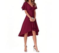 Minetom Abito da Ospite di Nozze Donna Maniche A Volant Collo A V Stile Impero Chiffon Vestito da Sera Cerimonia Elegante Abiti da Damigella A Vino Rosso L