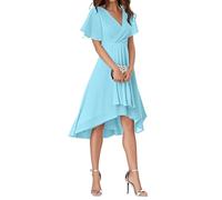 Minetom Abito da Ospite di Nozze Donna Maniche A Volant Collo A V Stile Impero Chiffon Vestito da Sera Cerimonia Elegante Abiti da Damigella A Lago Blu L