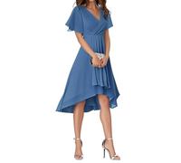Minetom Abito da Ospite di Nozze Donna Maniche A Volant Collo A V Stile Impero Chiffon Vestito da Sera Cerimonia Elegante Abiti da Damigella A Blu L